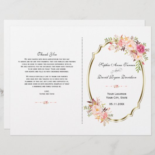Romantisches Rosa Blush Bloral Gold Hochzeitsprogr (Vorne/Hinten)