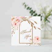 Romantisches Rosa Blush Gold Floral Wedding Foto Dankeskarte (Stehend Vorderseite)