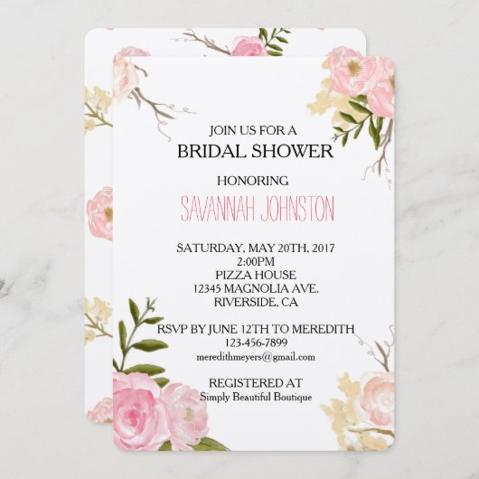 Romantisches Rosa Brautparty Einladung (Vorne/Hinten)
