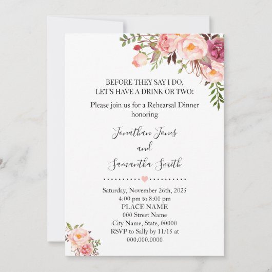 Romantisches Rosa Floral Boho Chic Probe Abendesse Einladung (Vorderseite)