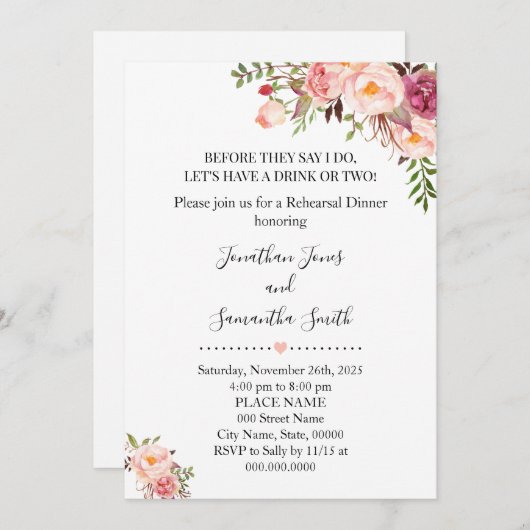 Romantisches Rosa Floral Boho Chic Probe Abendesse Einladung (Vorne/Hinten)