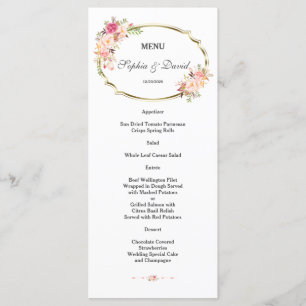 Romantisches Rosa Floral Gold Rahmen Hochzeitsmenü Menükarte
