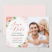 Romantisches rosa florales Confetti-Foto Save the Date (Vorne/Hinten)