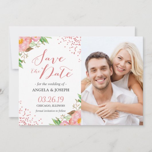 Romantisches rosa florales Confetti-Foto Save the Save The Date (Vorderseite)