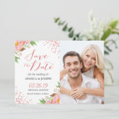 Romantisches rosa florales Confetti-Foto Save the Save The Date (Stehend Vorderseite)