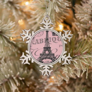 romantisches rosa französisches vintage Paris Eiff Schneeflocken Zinn-Ornament