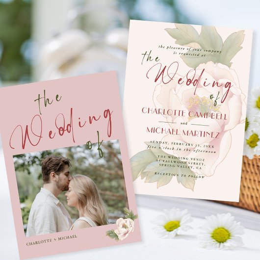 Romantisches Rosa Pink Peony Foto Hochzeit Einladung