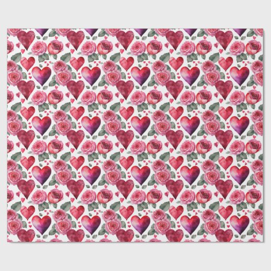 Romantisches rosa Rose & Herz Wasserfarben Muster Geschenkpapier (Flach)