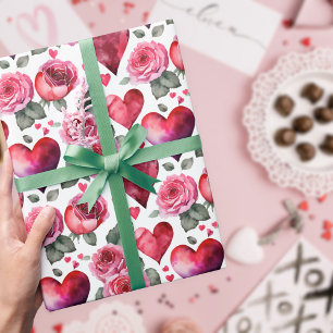 Romantisches rosa Rose & Herz Wasserfarben Muster Geschenkpapier