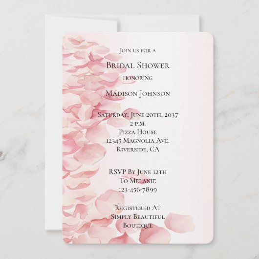 Romantisches Rosa Rosenblättriges Brautparty Einladung (Vorderseite)