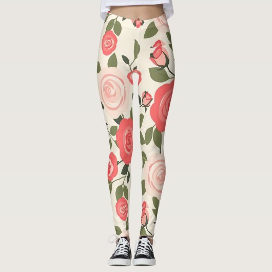 Romantisches rosa Rosenblumenmuster Leggings (Vorderseite)