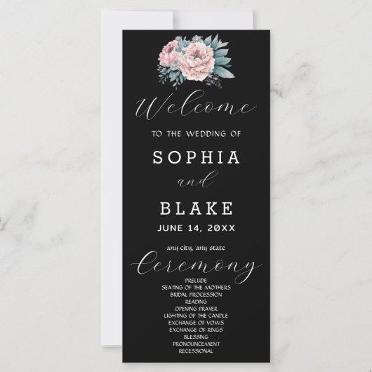 Romantisches Rosa Schwarzes Hochzeitsprogramm (Vorderseite)