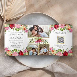 Romantisches Rosa und Rote Rosen QR Code Hochzeit Dreifach Gefaltete Einladung