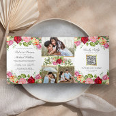 Romantisches Rosa und Rote Rosen QR Code Hochzeit Dreifach Gefaltete Einladung
