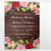 Romantisches Rosa und Rote Rosen QR Code Holzhochz Dreifach Gefaltete Einladung (Innen Erste Seite)