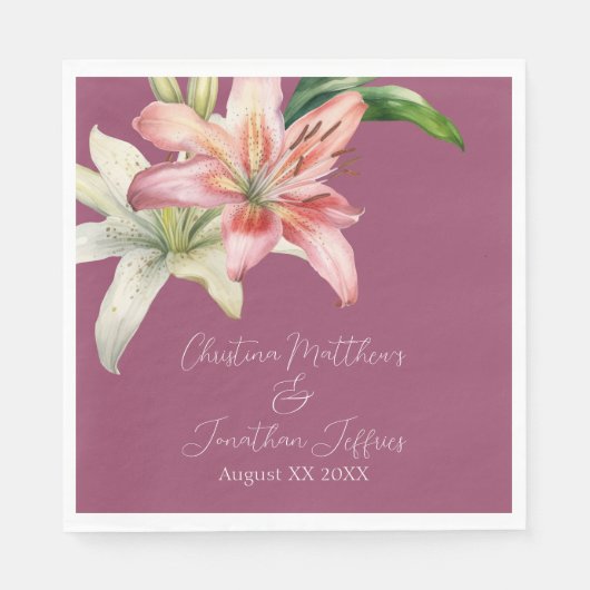 Romantisches Rosa und Weiße Lilien auf Fuchsia Serviette (Vorderseite)