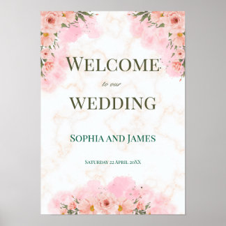 Romantisches rosafarbenes Blumen-Hochzeitsschild Poster
