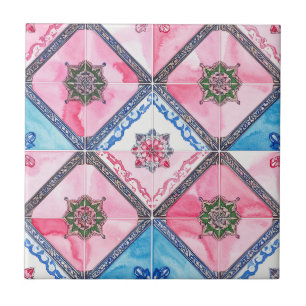 Romantisches Rosarot mit blauen floralen Details Fliese