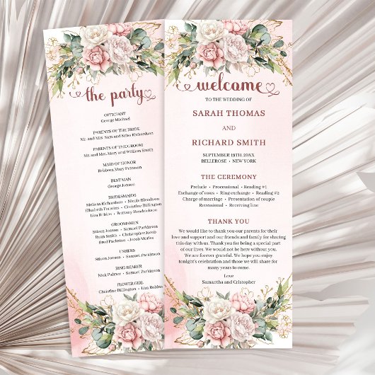 Romantisches Rosé Pink Florales Gold Grün Hochzeit Programm