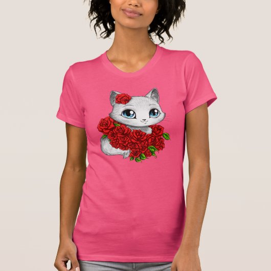 Romantisches Rosen-Katzen-Rosa-dünner Sitz-T - T-Shirt (Vorderseite)