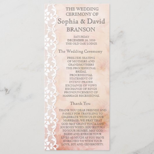 Romantisches Rosen- und Spitzen-Hochzeitsprogramm Programm (Vorderseite)