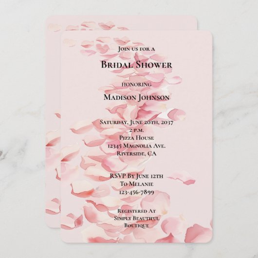 Romantisches Rosenblättriges Brautparty Einladung (Vorne/Hinten)