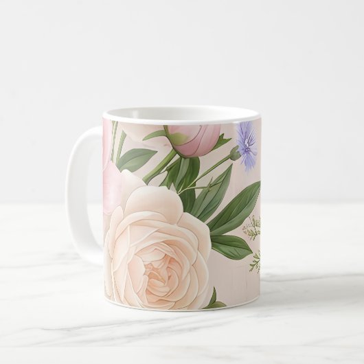 Romantisches Rosengarten-Blütenmuster in rosafarbe Kaffeetasse (Vorderseite Links)
