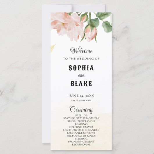 Romantisches Rosengelbes Hochzeitsprogramm (Vorderseite)