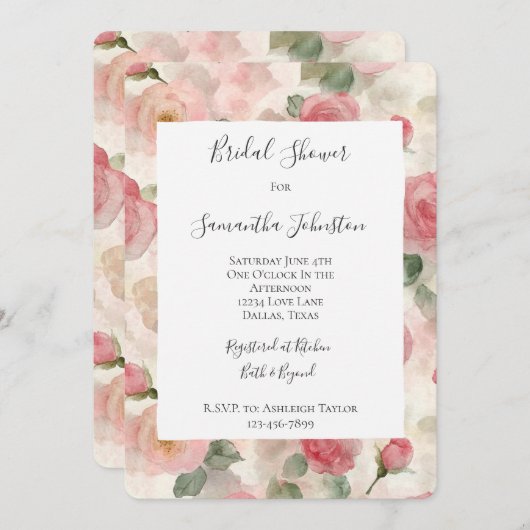 Romantisches Rosenrosen Brautparty Einladung (Vorne/Hinten)