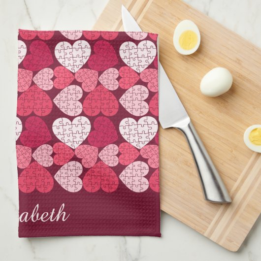 Romantisches Rot-Pink-Puzzle-Herzmuster Geschirrtuch (Viertel Falte)