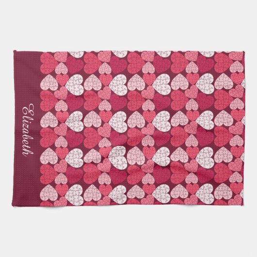 Romantisches Rot-Pink-Puzzle-Herzmuster Geschirrtuch (Horizontal)