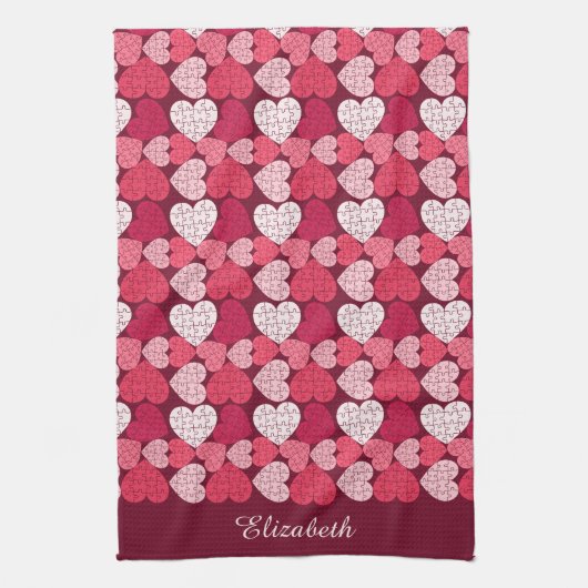 Romantisches Rot-Pink-Puzzle-Herzmuster Geschirrtuch (Vertikal)