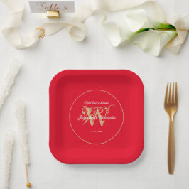 Romantisches Rot und Gold elegant Monogramm Chic Pappteller