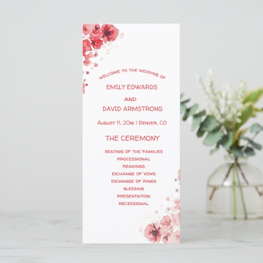 Romantisches rotes Blumenhochzeitsprogramm (Stehend Vorderseite)