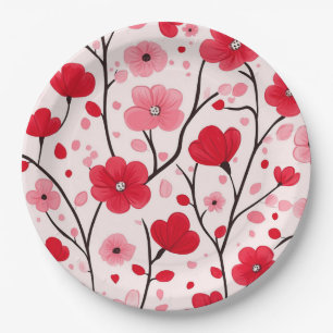 Romantisches rotes Blumenmuster Pappteller