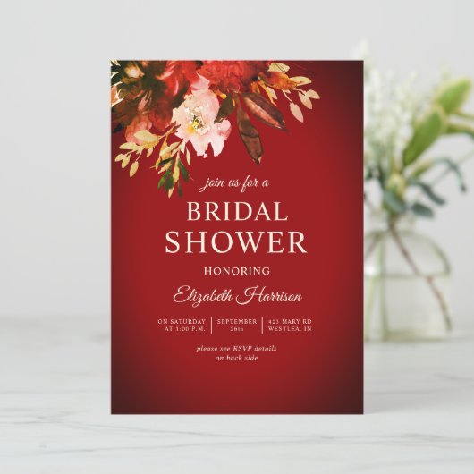 Romantisches Rotes Herbst-Brautparty Einladung (Stehend Vorderseite)