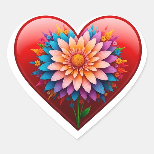 Romantisches rotes Herz mit Blumenzentrum Herz-Aufkleber (Vorderseite)