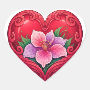 Romantisches rotes Herz mit Blumenzentrum Herz-Aufkleber