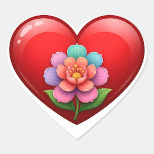 Romantisches rotes Herz mit floralem Zentrum Herz-Aufkleber