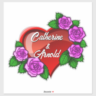 Romantisches rotes Herz mit rosa Rosen Aufkleber