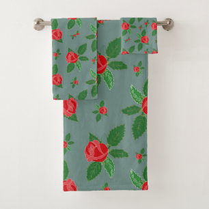 Romantisches rotes Rosen-Blumenmuster grüne Blätte Badhandtuch Set