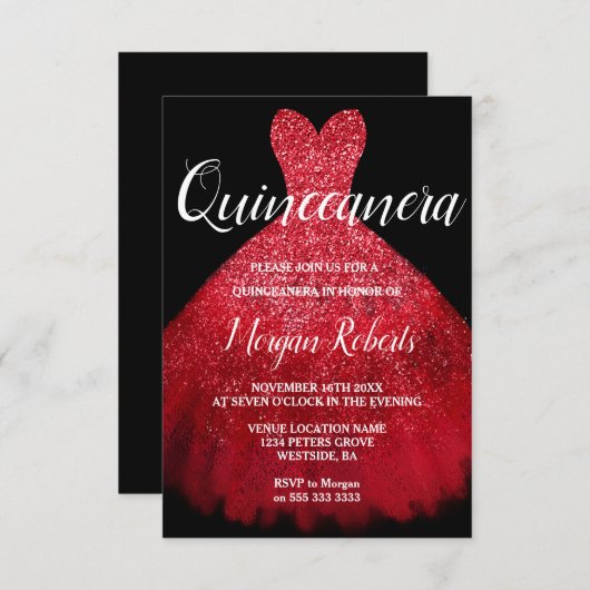 Romantisches Rotes Sparkle Dress Quinceanera 15. P Einladung (Vorne/Hinten)