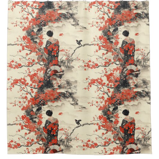 Romantisches Sakura-Kimono-Paar-Muster (2) Duschvorhang (Vorderseite)
