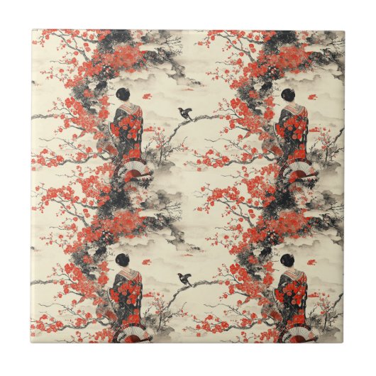 Romantisches Sakura-Kimono-Paar-Muster (2) Fliese (Vorderseite)