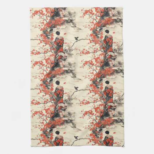 Romantisches Sakura-Kimono-Paar-Muster (2) Geschirrtuch (Vertikal)