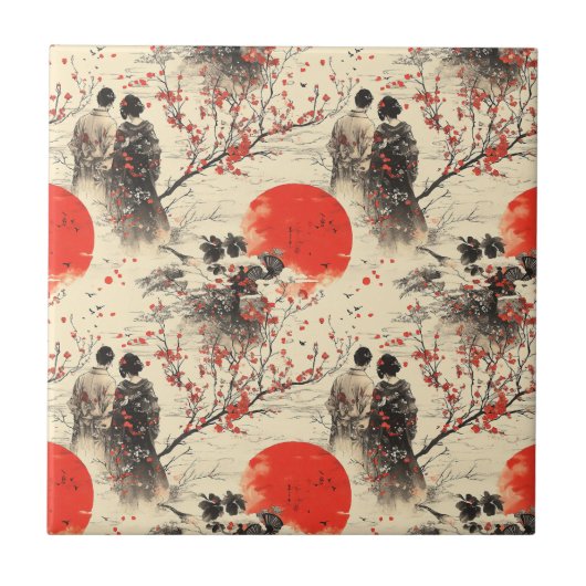 Romantisches Sakura-Kimono-Paar-Muster (3) Fliese (Vorderseite)