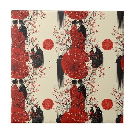 Romantisches Sakura-Kimono-Paar-Muster (4) Fliese (Vorderseite)