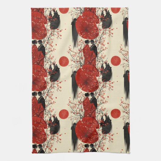 Romantisches Sakura-Kimono-Paar-Muster (4) Geschirrtuch (Vertikal)