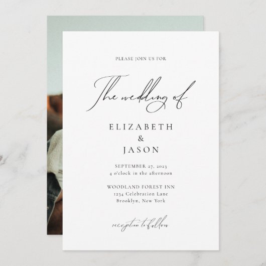 Romantisches Schwarz-Script-Foto Hochzeit Einladung (Vorne/Hinten)