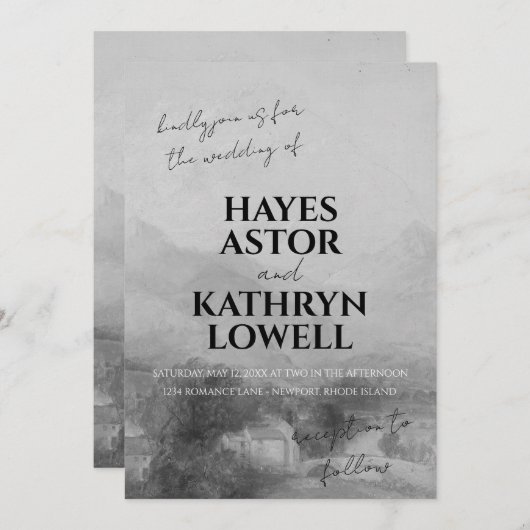 Romantisches Schwarz und Weiß Elegante Klassisches Einladung (Vorne/Hinten)